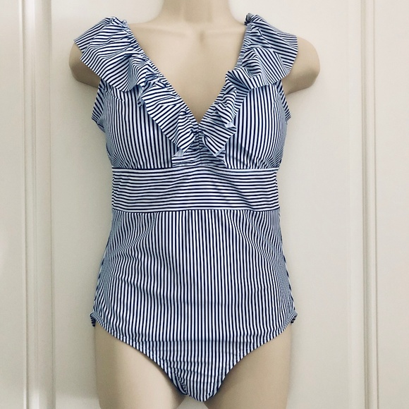 New Retro Style Blue Striped One-Piece Swimsuit - Picture 1 of 4